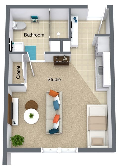 Floor plan for 1 bed, 1 bath, 391 sqft
